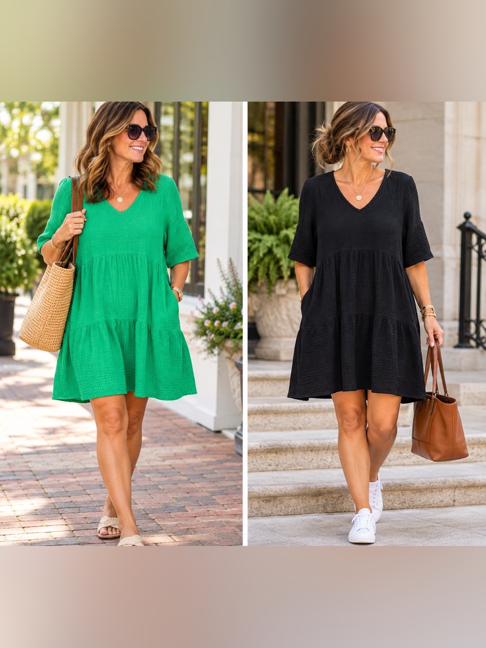Lot of 2 Perceptions of NY Black and Green Textured V-Neck Tiered Midi Dress